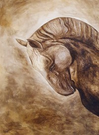 Faiza Bilgrami, Bitumen Horse, 28 x 42 inches, Tar Coal on Canvas, Horse Painting, AC-FZBLG-009